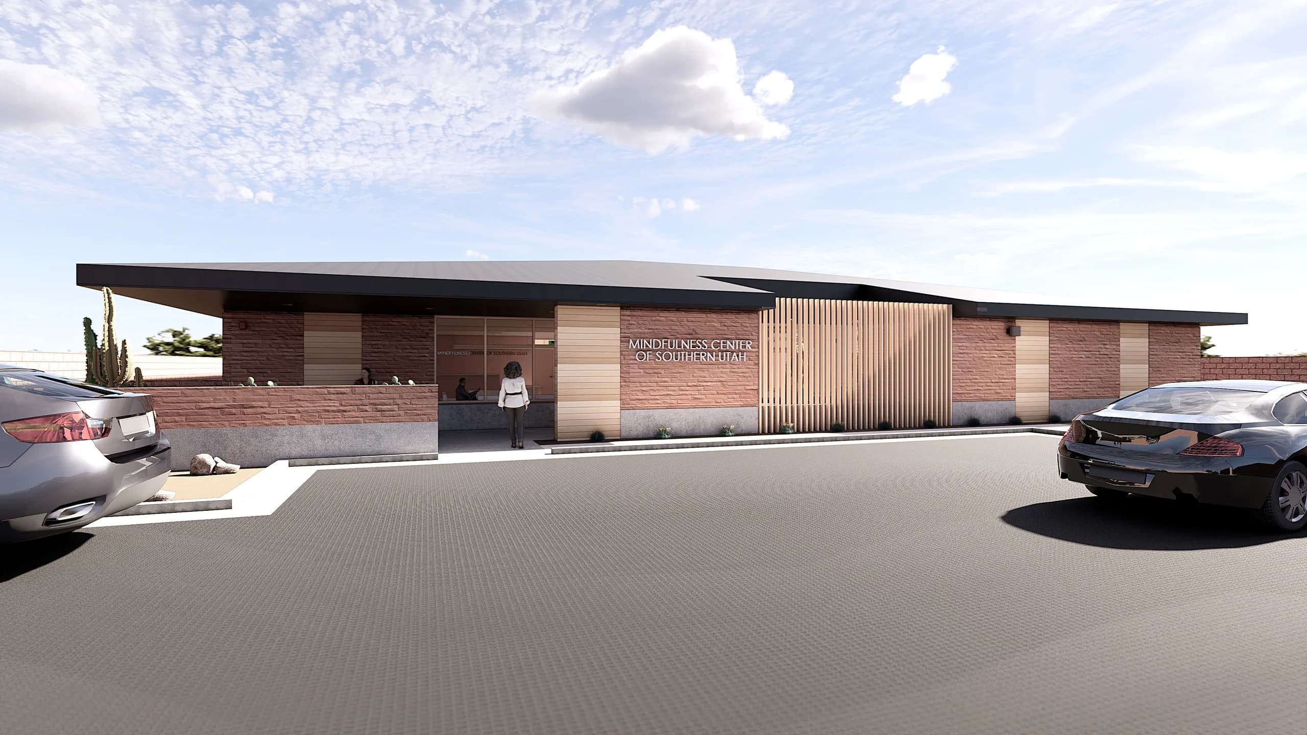 Architectural rendering of the exterior entrance of the Mindfulness Center of Southern Utah